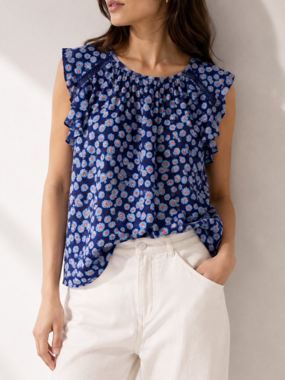 Kate Spade Tangier Floral Ruffle Blouse Blue Sleeveless Women’s Small